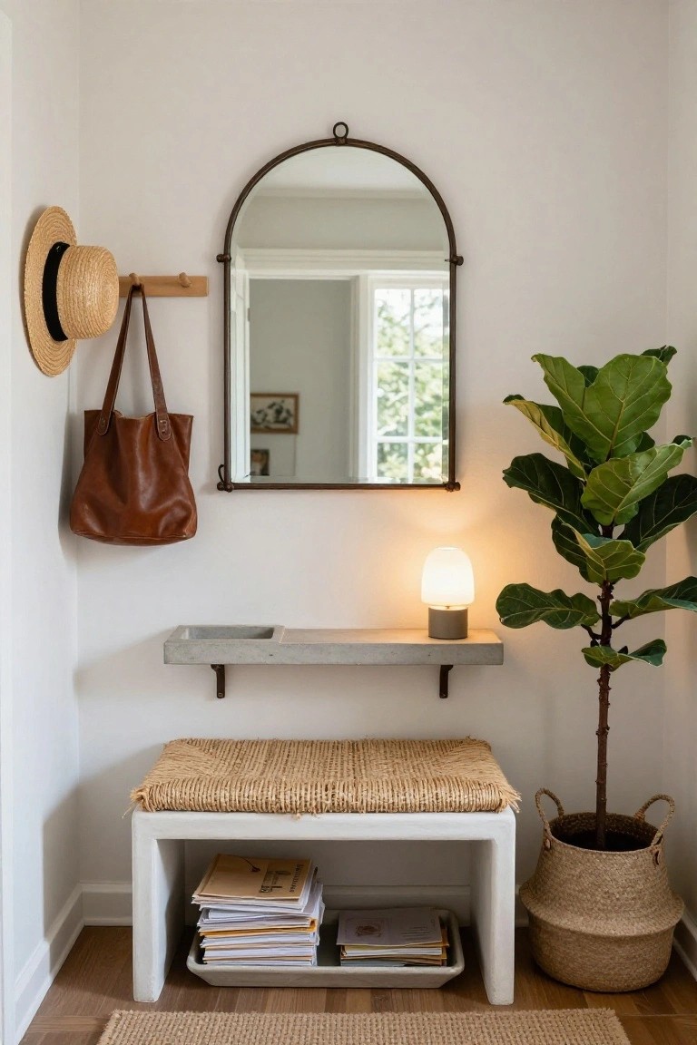 White bench with rattan seat cushion and under-bench tray holding stacked papers and mail, positioned beside a concrete wall shelf with lamp and next to a fiddle leaf fig plant in woven basket, in a light entryway space with arched mirror, leather bag, straw hat on hooks, and wood floor rug.