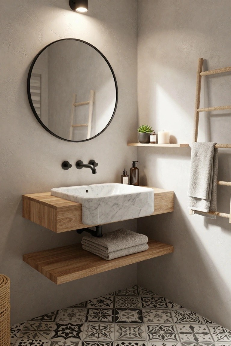 Corner bathroom with floating oak wood vanity holding white marble sink, black wall faucet, round black mirror above, wooden ladder towel rack, folded towels on lower shelf, potted succulent, and black-and-white patterned floor tiles.