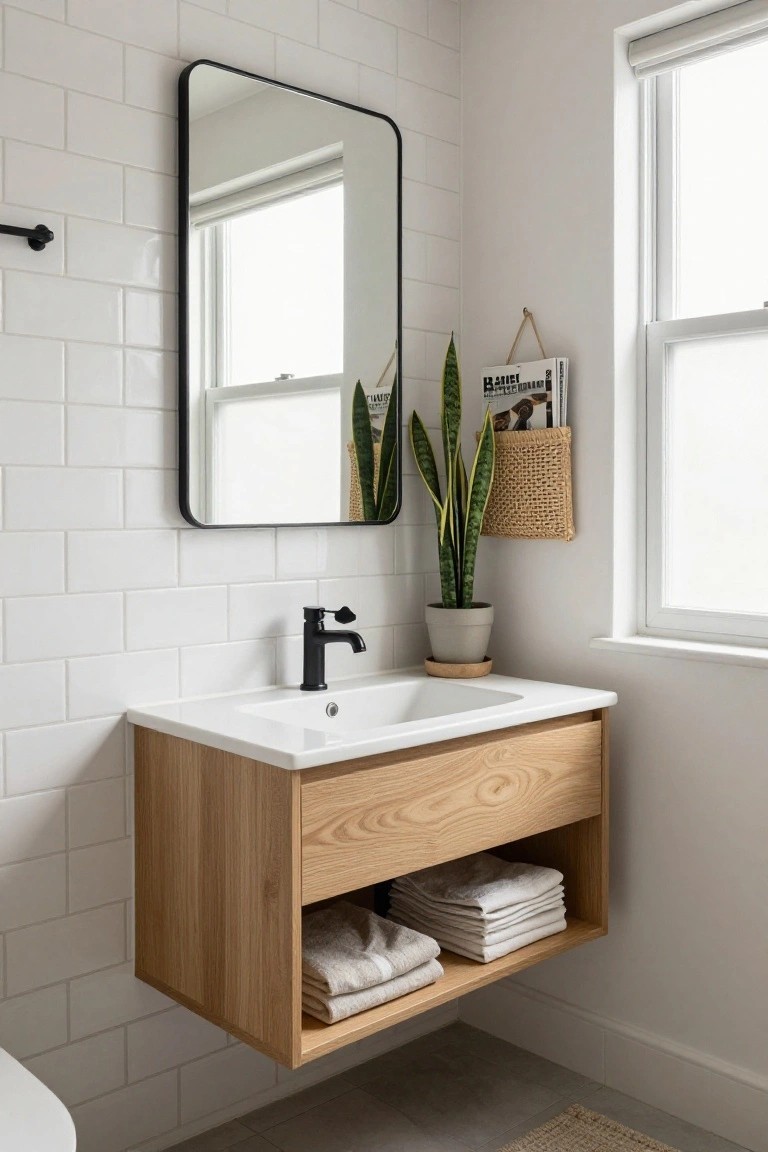 Modern bathroom with white subway tile walls, floating light oak vanity with open lower shelf holding folded towels and linens, black faucet and towel bar, round black-framed mirror, potted snake plant, woven magazine holder, and toilet in the corner.
