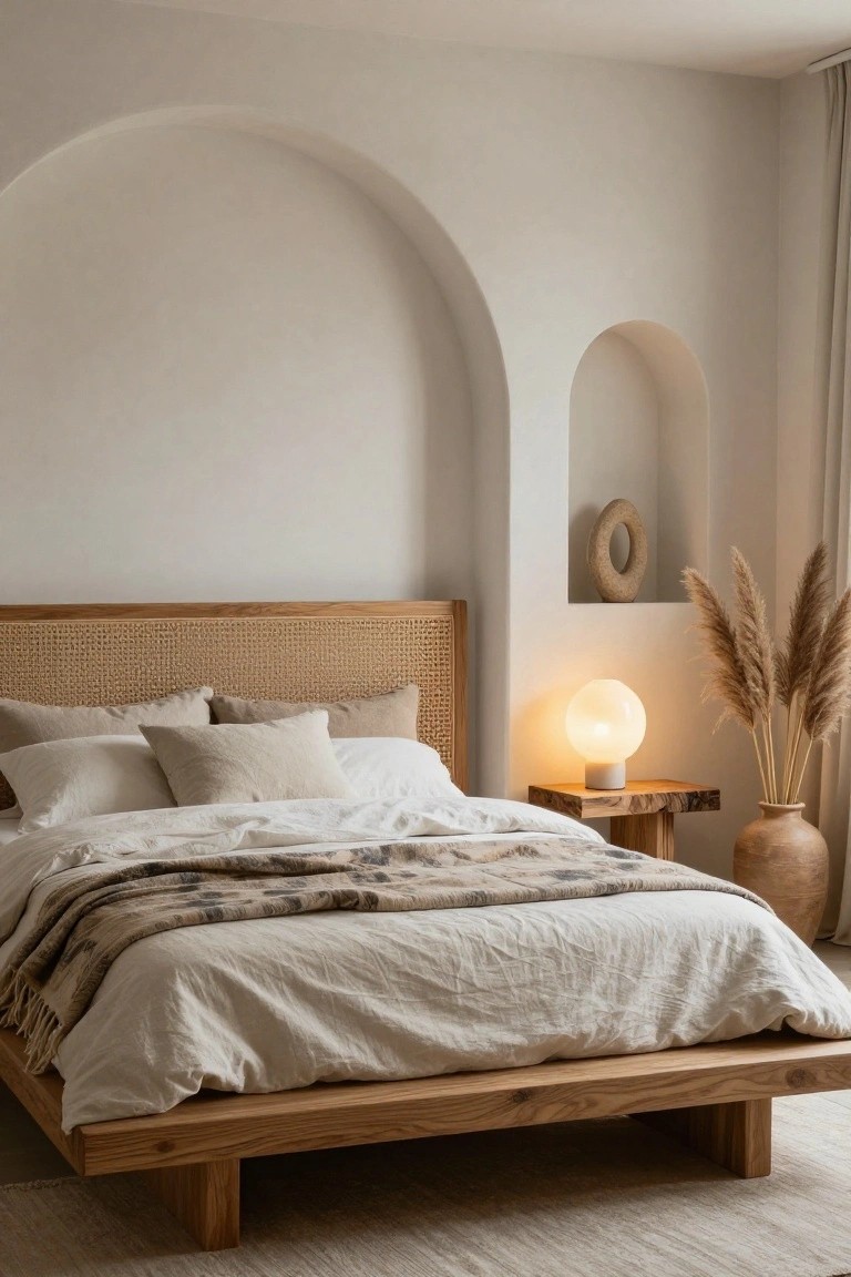 Bedroom with low wooden platform bed, rattan headboard, neutral pillows and bedding, wooden nightstand with globe lamp, pampas grass in arched wall niche, and beige rug on light floor.
