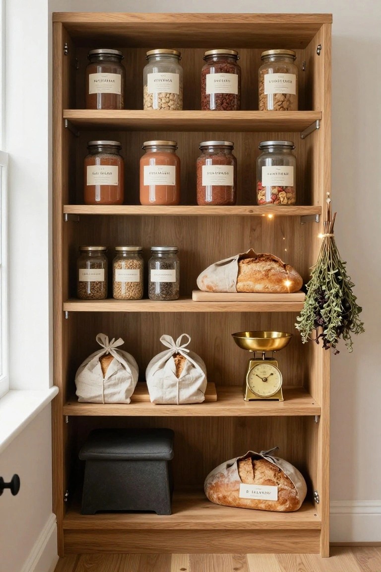 Oak open shelving unit stocked with labeled glass jars containing spices, grains, nuts, and legumes, plus cloth-wrapped loaves of bread, a brass scale, and hanging dried herbs in a light-filled room.