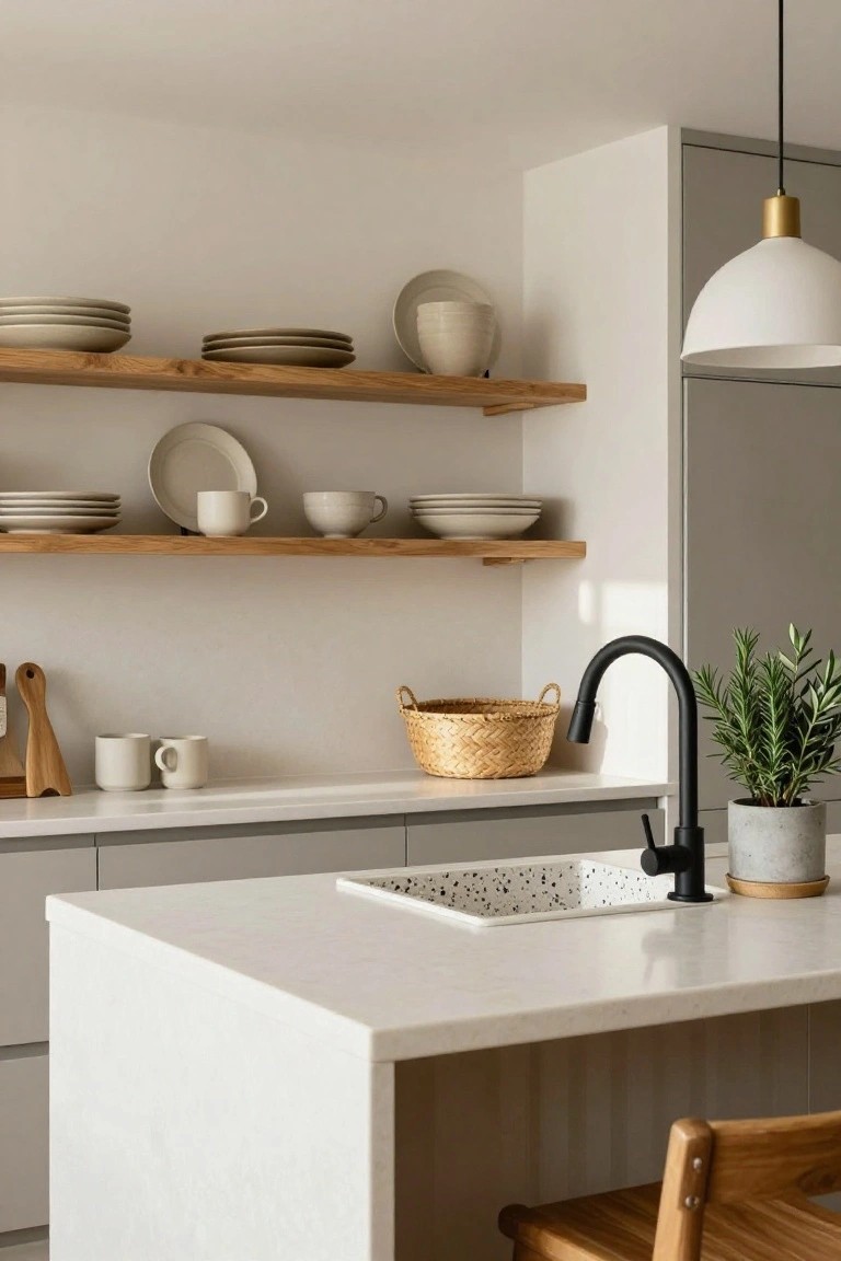 Modern kitchen with open wooden shelves displaying stacked white plates, bowls, and mugs, white quartz island countertop, black gooseneck faucet over dotted white sink, gray cabinets, potted rosemary plant, and wooden stool.