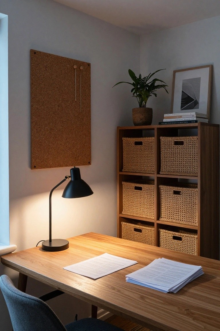 A home workspace corner with light wood desk holding papers and stacks, adjustable black desk lamp, blue upholstered chair, wooden shelving unit with rattan baskets, potted plant, corkboard, and framed artwork on pale walls.