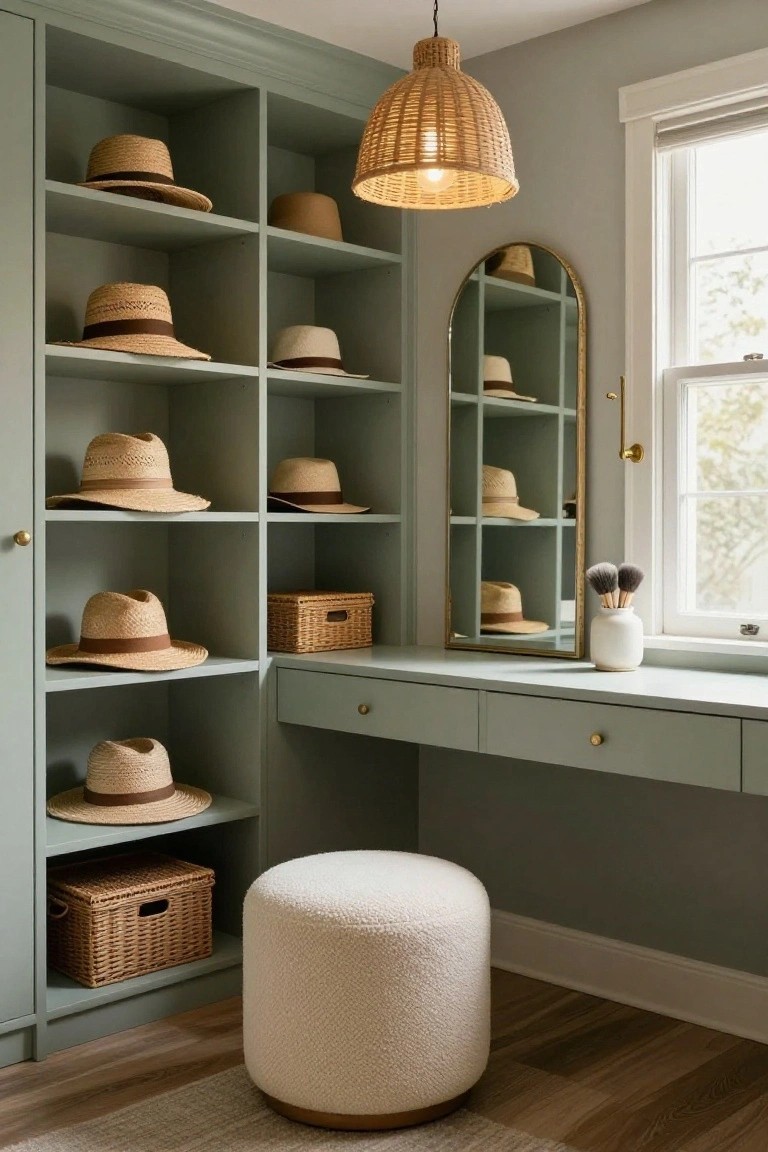 Sage green built-in wardrobes with open shelves displaying assorted straw and felt hats, woven baskets, a corner vanity desk with gold mirror and white vase of brushes, and a cream sheepskin pouf stool on hardwood floors next to a window.