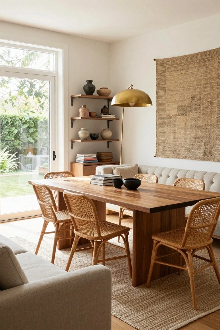 Bright dining room with rectangular wooden table surrounded by rattan chairs, tufted cream sofa nearby, floating wooden shelves with pottery and plants, brass arched lamp, woven wall hanging, and glass door to lush garden.