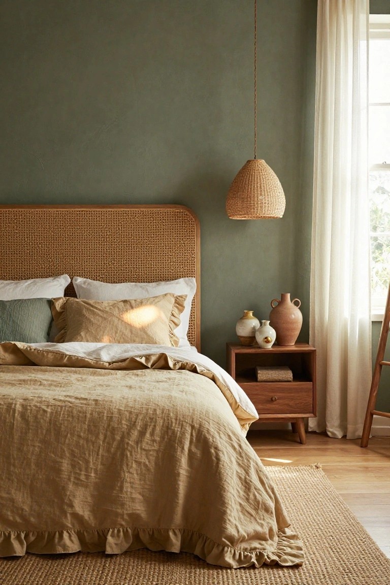 Bedroom with light brown rattan headboard, beige linen duvet and pillows, wooden nightstand holding white and terracotta vases and a book, woven pendant lamp, sage green textured walls, sheer curtains over window, wooden ladder, and seagrass rug on wood floor.
