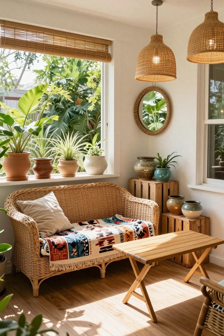 Indoor sunroom with rattan loveseat covered by colorful woven blanket, wooden crate shelves holding ceramic pots with plants, windowsill plants, rattan pendant lights, bamboo blinds, and view of outdoor greenery.