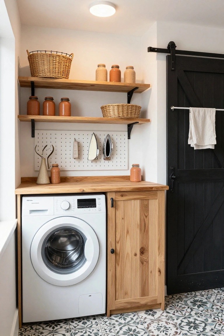 A white front-loading washing machine integrated into light wood cabinets with a wooden countertop, open shelves stocked with orange terracotta jars and wicker baskets, a white pegboard with iron and accessories, black barn-style sliding door, and blue-and-white patterned tile floor in a small laundry room.