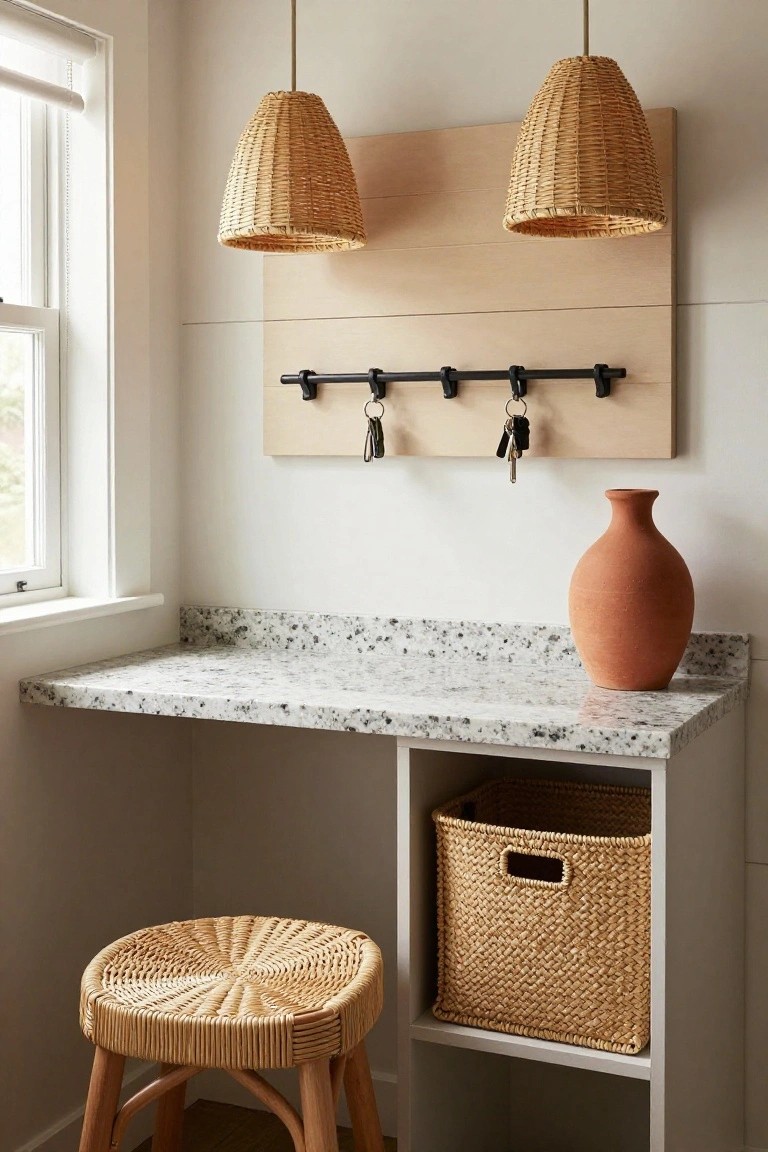 Corner desk unit with white quartz top, open cabinet holding a woven basket below, light wood wall panel with black hooks and hanging keys above, two rattan pendant lights, terracotta vase on desk, and wicker stool nearby in a bright room.
