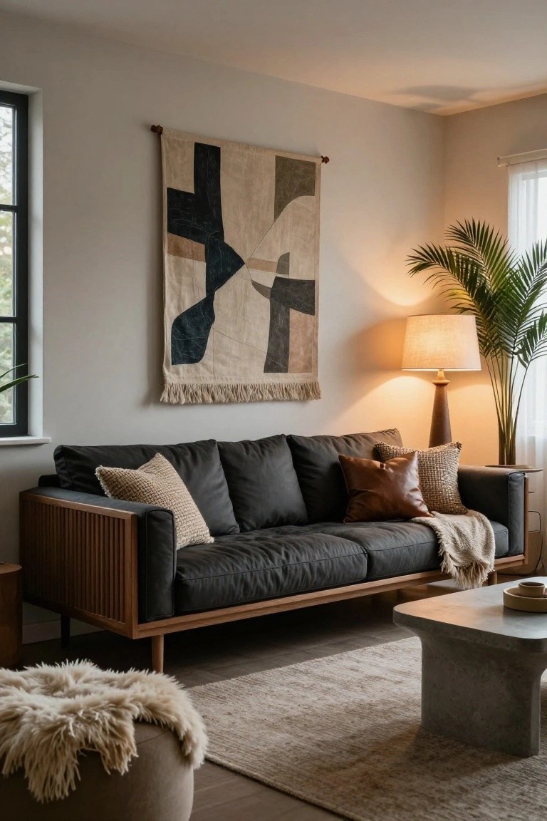 Modern living room featuring a dark gray sofa with slatted wood frame and arms, assorted neutral and textured pillows, cream throw blanket, low concrete coffee table, sheepskin pouf, tall palm plant, floor lamp, and large abstract beige and black tapestry on the wall.