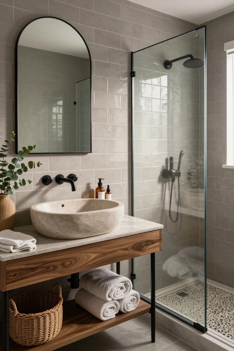 Modern bathroom interior with light gray subway tiles, arched black metal mirror, eucalyptus plant, white stone vessel sink on brown wood vanity with black metal legs and taps, glass shower enclosure with pebble floor, and stacked white towels.