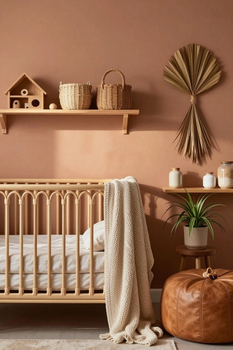 Terracotta-walled nursery with arched rattan crib holding a blanket-draped mattress, wooden shelves displaying toy house and baskets, potted snake plant on a stool, and tan leather pouf nearby.