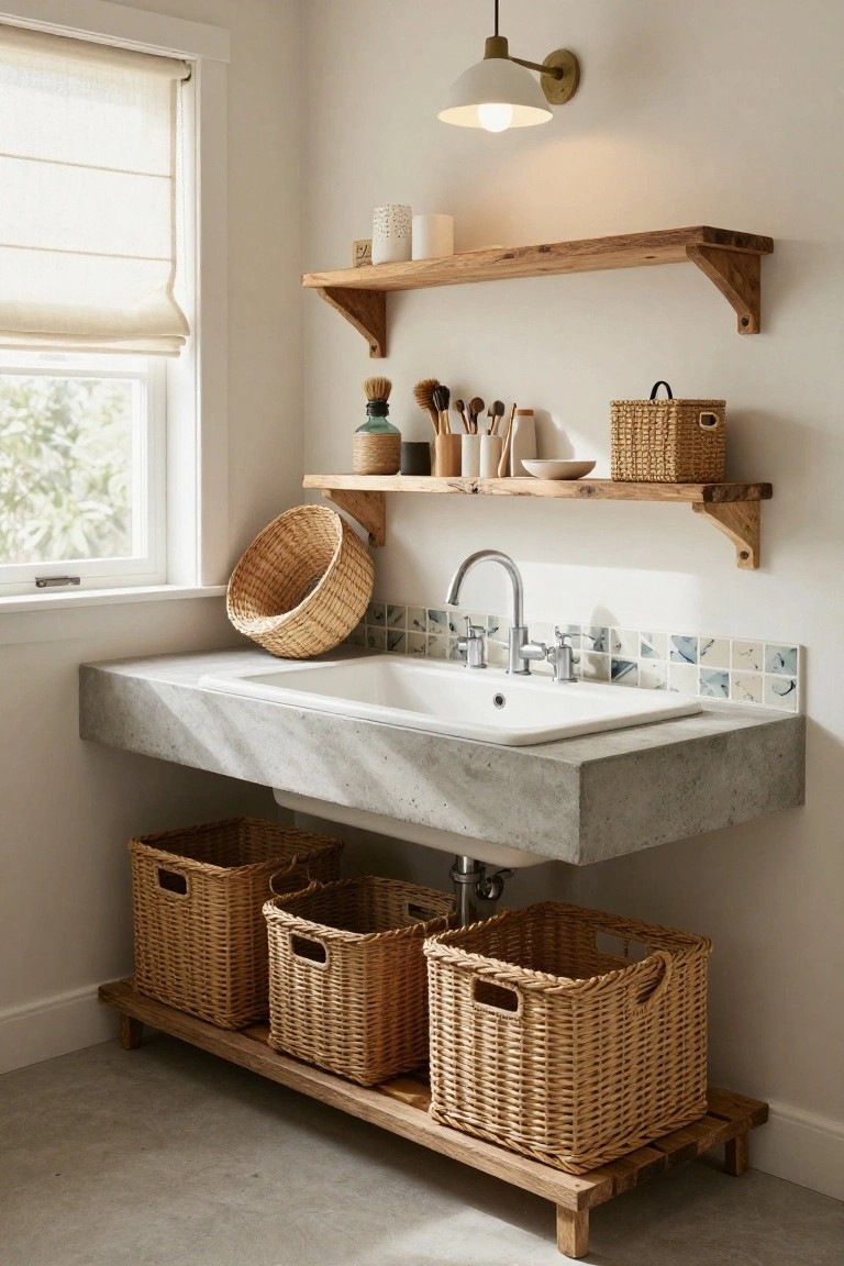 A bathroom vanity of polished concrete with a white undermount sink, flanked by wooden floating shelves holding woven baskets, brushes, and jars, and additional wicker baskets stored on a low wooden rack below.