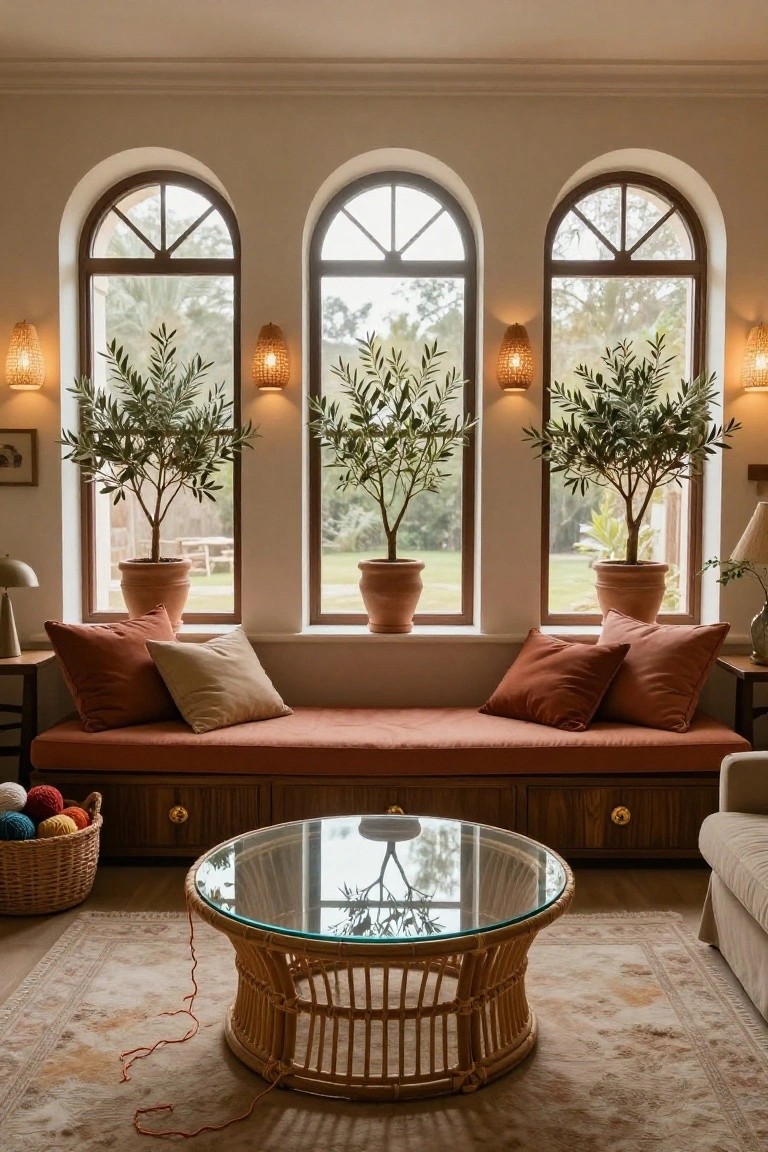 Living room with a built-in terracotta bench under three arched windows, each flanked by potted olive trees in terracotta pots, neutral cushions, rattan coffee table with glass top, woven basket, and patterned rug.