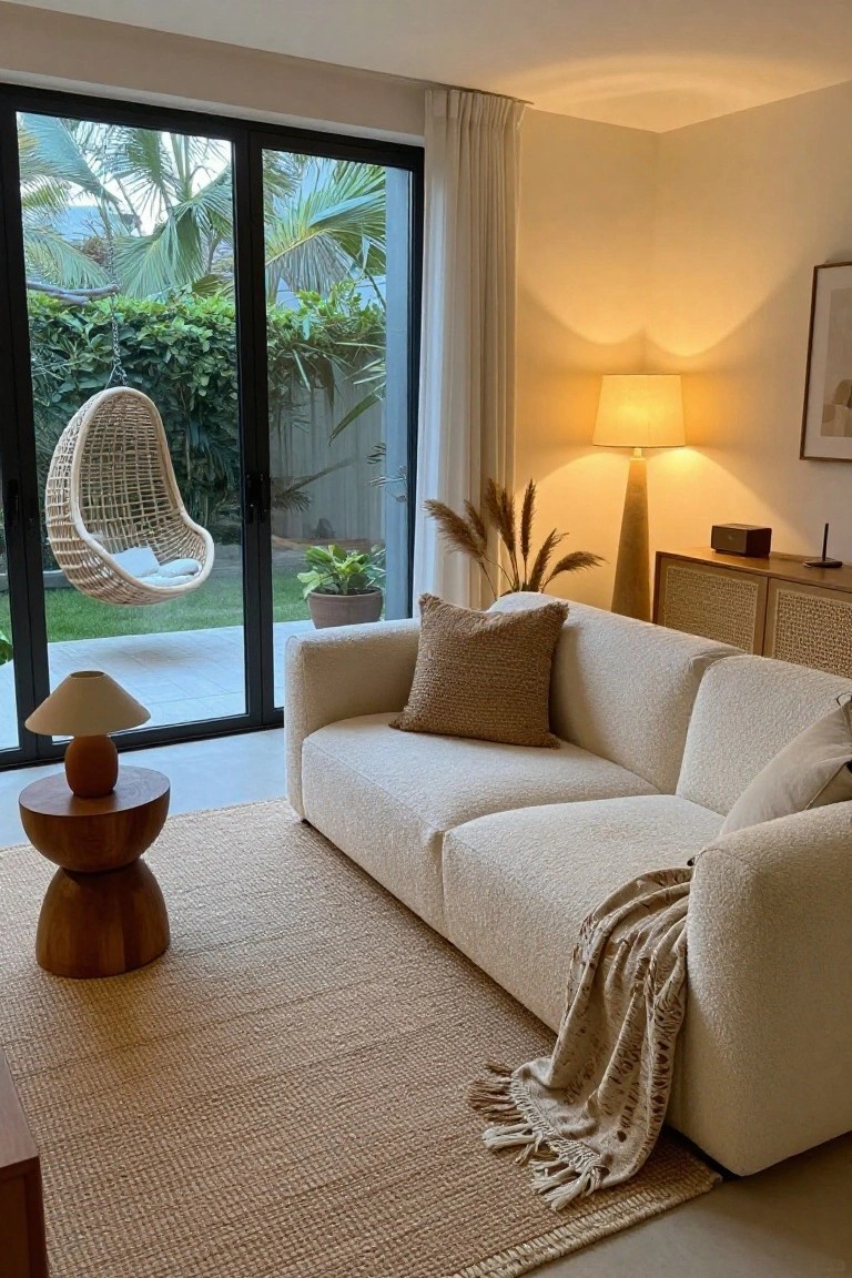 A cream boucle sofa with beige pillows and throw on a seagrass rug in a light living room, next to a wood stool table and lamp, with sliding glass doors open to a garden and rattan hanging chair.
