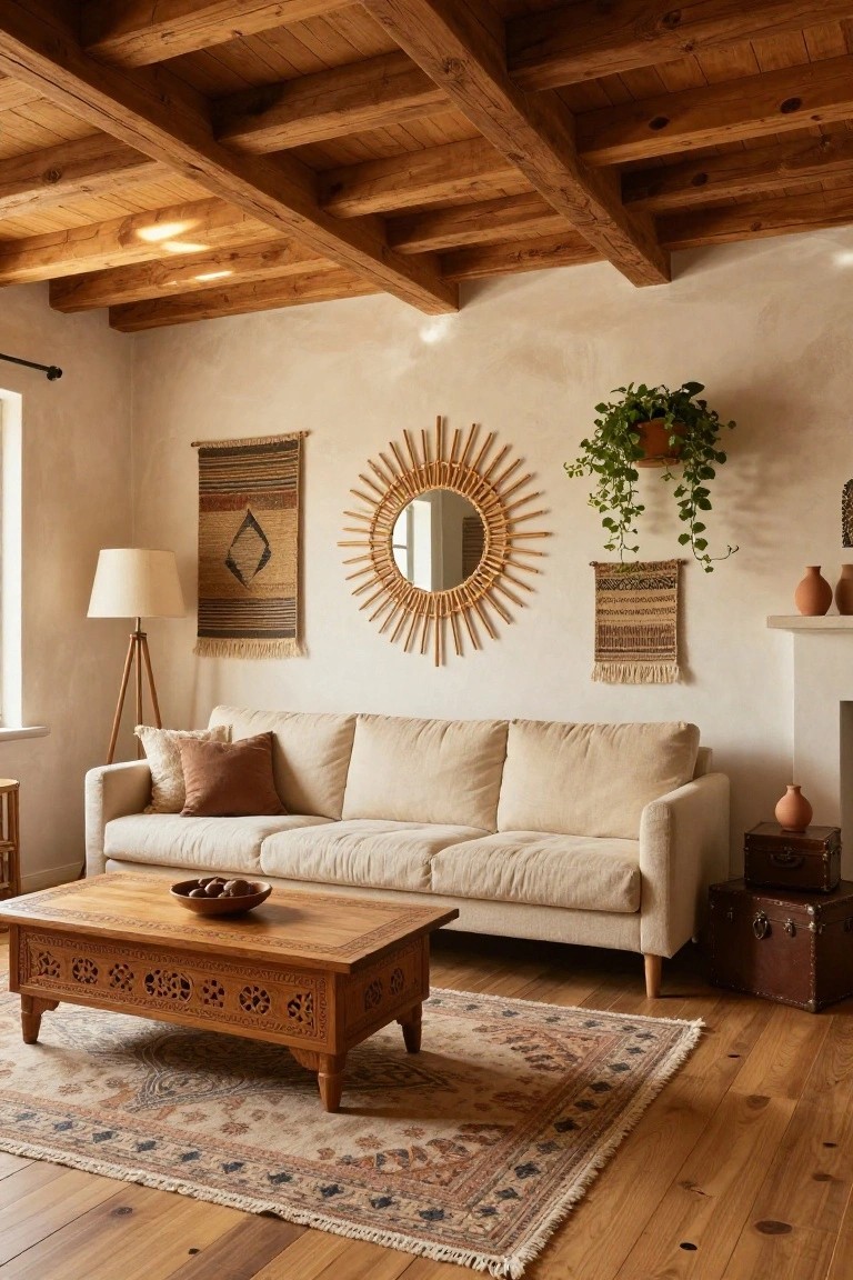 A boho living room with exposed wooden ceiling beams, cream walls, beige sofa with pillows, intricately carved low wooden coffee table topped with a bowl of fruit, patterned rug, rattan sunburst mirror, woven wall hangings, potted plants, and hardwood floors.