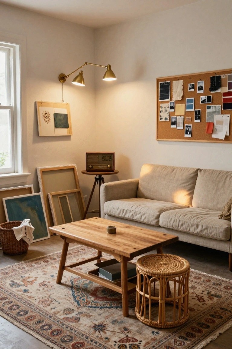 A cozy living room corner featuring a beige linen sofa, low wooden coffee table, leaning blank canvases and frames, corkboard wall with pinned photos fabrics and notes, vintage wooden radio on a stand, woven rattan stool, and patterned rug.