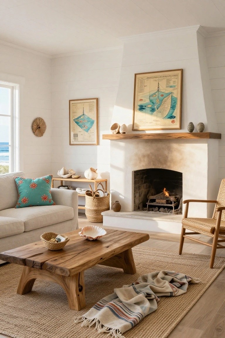 White shiplap-walled living room featuring a beige sofa, rustic wood coffee table with shells and basket, stone fireplace with nautical art, rattan chair, and ocean view window.