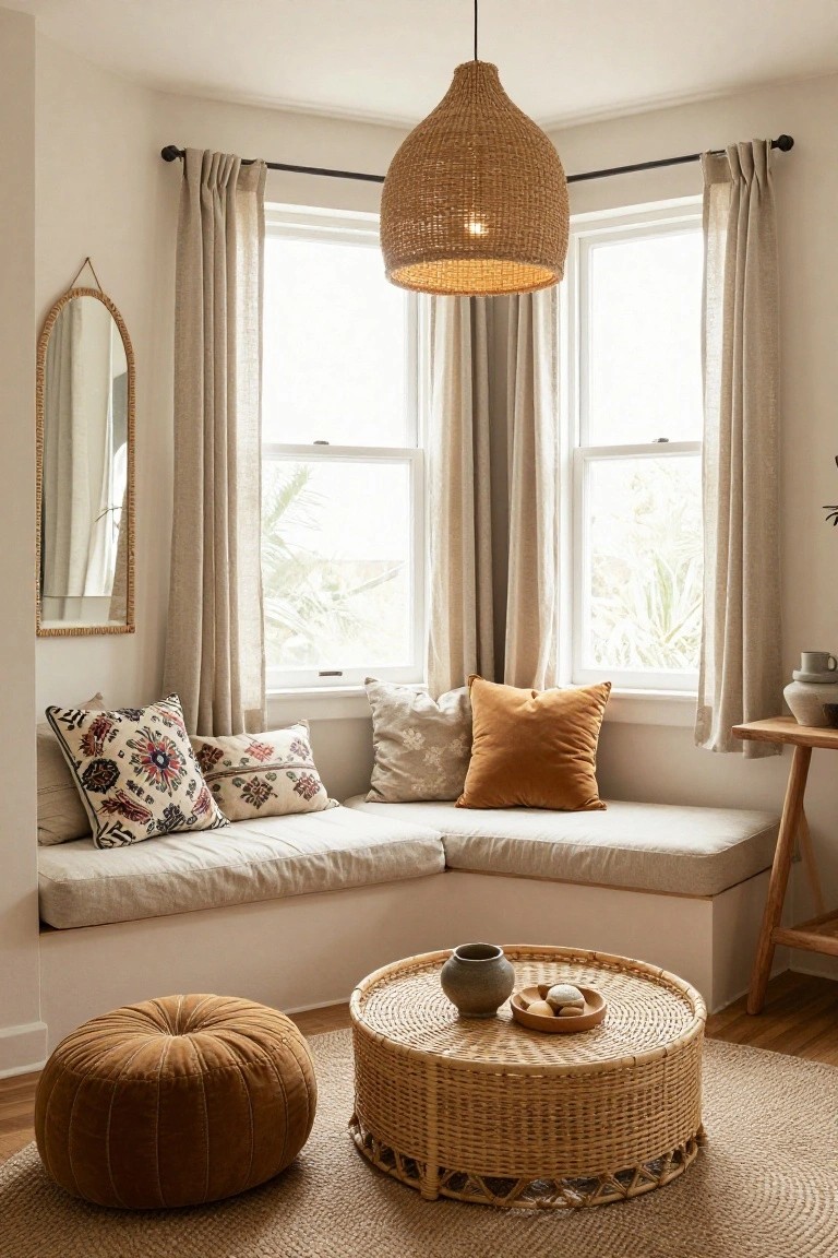 Corner indoor seating area with beige built-in bench under two curtained windows, layered pillows in patterns and velvet, orange pouf, rattan coffee table with pottery, woven pendant light overhead, and wooden side table.
