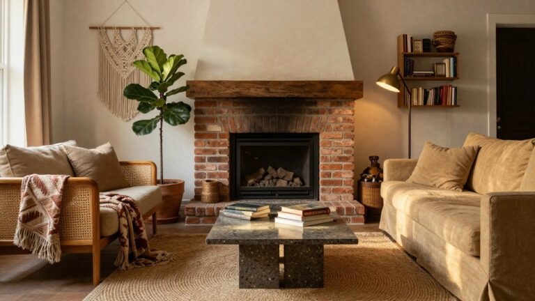 23 Cozy Boho Living Room Ideas That Feel Warm And Effortless Living room with exposed brick fireplace containing a fire, cream linen sofa with rust pillows and throw, rattan armchair, oval terrazzo coffee table, round jute rug, macrame wall hanging, fiddle leaf fig plant, and bookshelves.