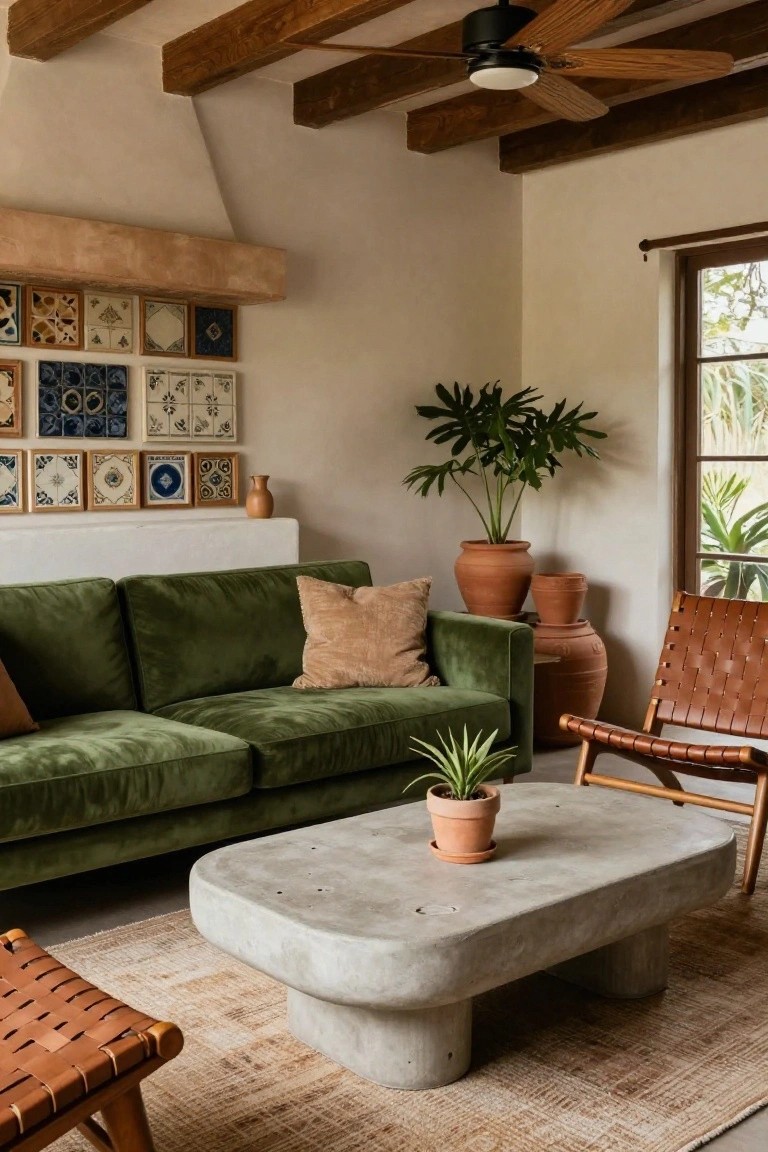 A living room with an L-shaped green velvet sofa, two tan leather woven chairs, a low gray concrete coffee table holding a small potted plant, several large terracotta pots with greenery, a wall niche displaying colorful blue and white tiles and pottery pieces, exposed wooden ceiling beams, and windows showing outdoor plants.