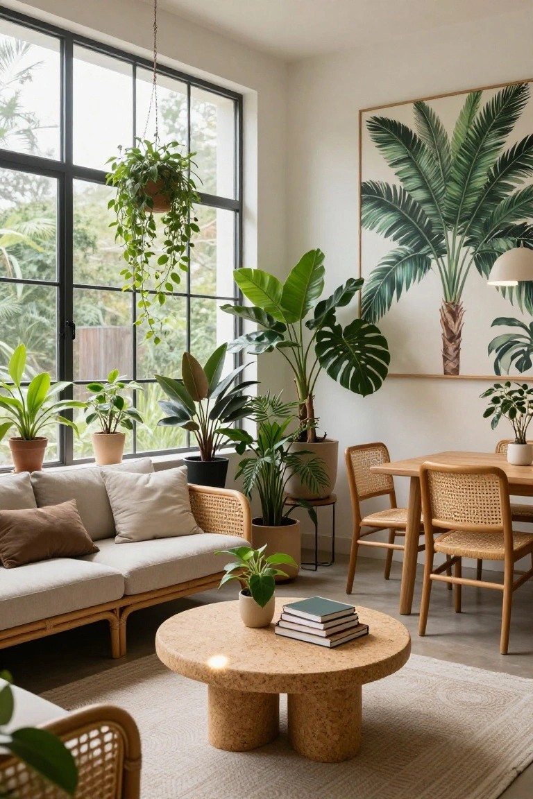 A bright living room with large black-framed windows, numerous potted houseplants at various heights, beige rattan sofa and chairs, round cork coffee table with books, wooden dining table with rattan chairs, and a large framed palm leaf artwork on the wall.