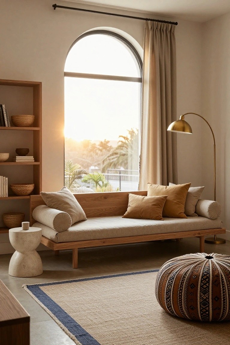 Living room interior with low wooden daybed piled with beige and rust pillows and bolsters, wooden bookshelves with baskets and books, arched window with beige curtains overlooking palm trees at sunset, gold arc floor lamp, stone pedestal stool, and patterned woven pouf on seagrass rug with blue border.