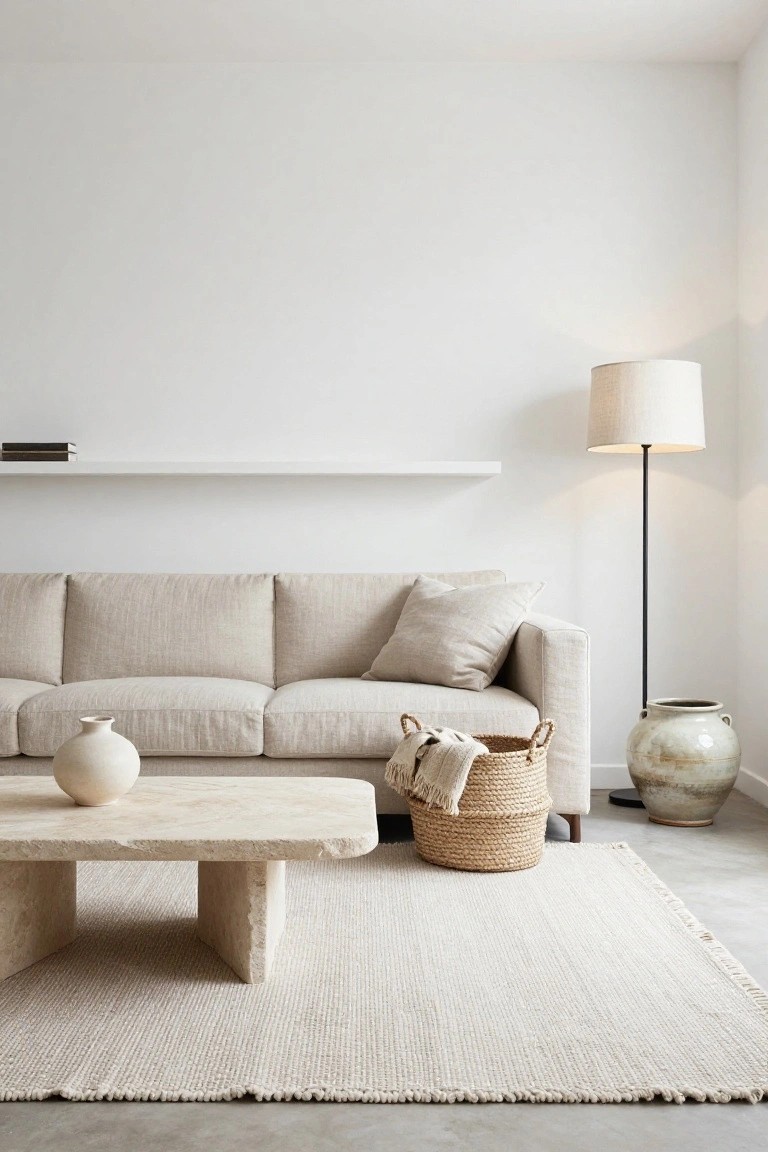 A minimalist living room with a light beige linen sofa, low rectangular travertine coffee table holding a white vase, wicker basket with throw blanket, tall black floor lamp with cream shade, ceramic pots, and cream fringed rug on a concrete floor.