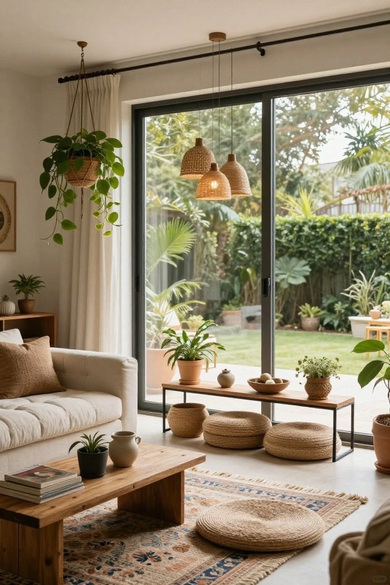 A boho living room with cream sofa, wooden coffee table holding books and a plant, three hanging rattan pendant lights, stacked woven poufs, multiple potted plants, and large sliding glass doors to a lush backyard garden.