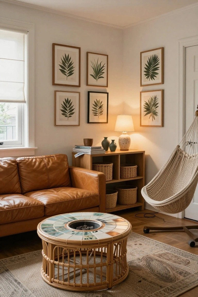 A bright corner of a living room with white walls, a tan leather two-seater sofa, round rattan coffee table topped with multicolored turquoise mosaic tiles and a central fire bowl, wooden bookshelf holding woven baskets and ceramics, four framed botanical leaf prints, a beige table lamp, and a white hammock chair hanging near a door over a patterned rug.