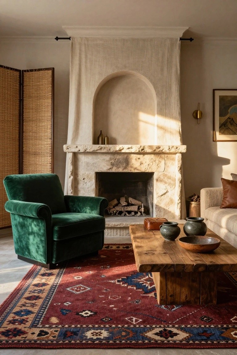Living room with a tall arched beige stone fireplace containing logs, green velvet armchair beside it, wooden coffee table holding ceramic pots and bowl on red patterned rug, beige sofa with pillows, bamboo screen, and artwork on walls.