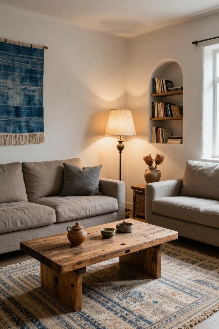 Bright living room corner with two light beige linen sofas facing a low rectangular reclaimed wood coffee table holding brown pottery teapot bowls and dish, brass floor lamp, arched white niche with bookshelves, indigo batik wall hanging, terracotta vase with dried branches, and blue-beige Persian-style rug.