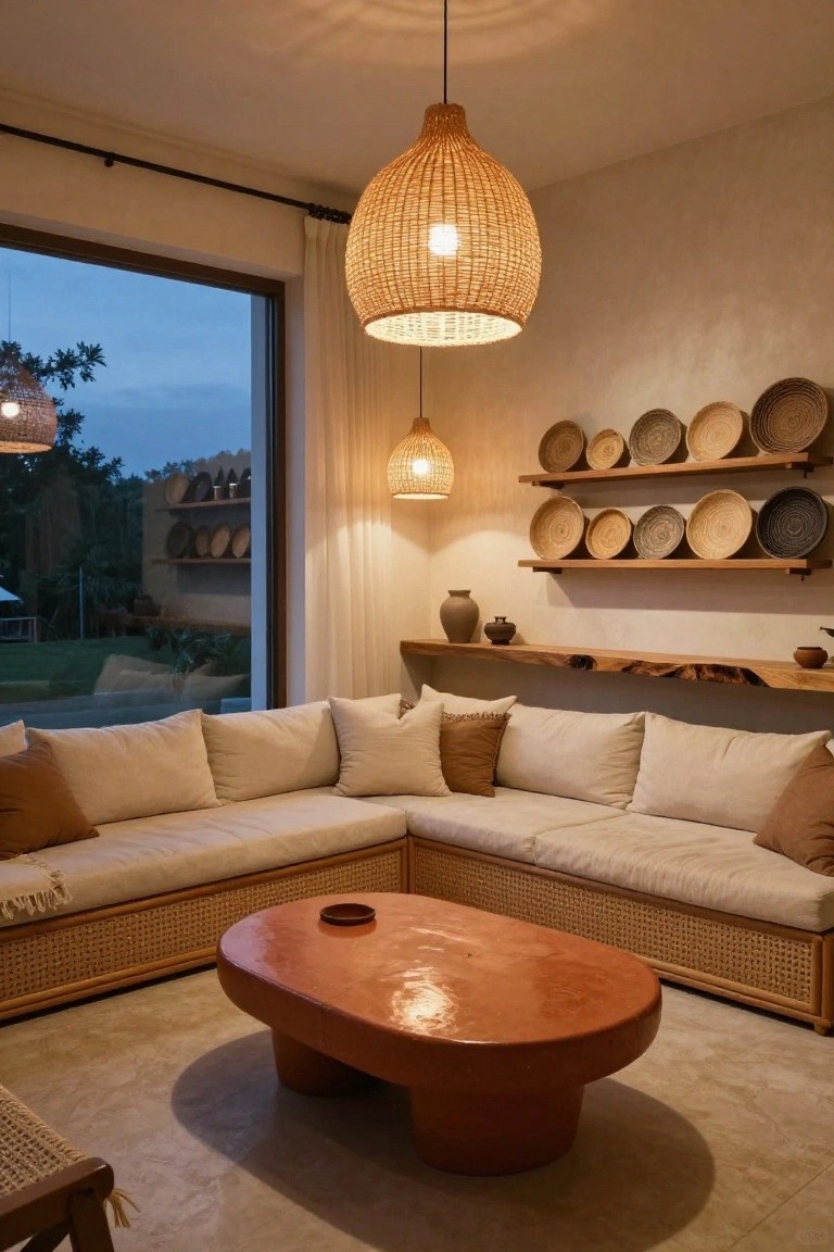 Boho living room interior with cream L-shaped sofa on rattan base, oval terracotta coffee table, multiple hanging rattan pendant lights, wooden shelves holding woven baskets and pottery, large window showing garden view at dusk.