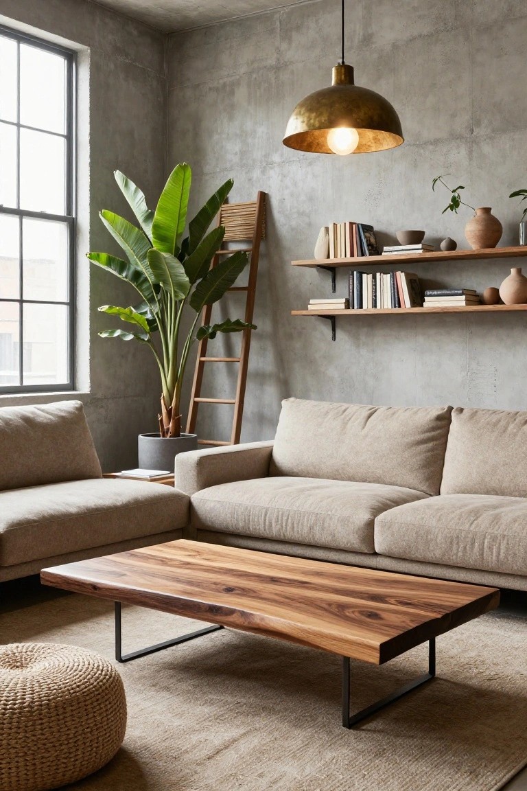 Living room with exposed concrete walls, tall potted banana plant beside wooden ladder, beige corner sofa, rectangular live-edge wooden coffee table on black metal legs, rattan pouf, brass pendant lamp, and floating shelves with books and pottery.