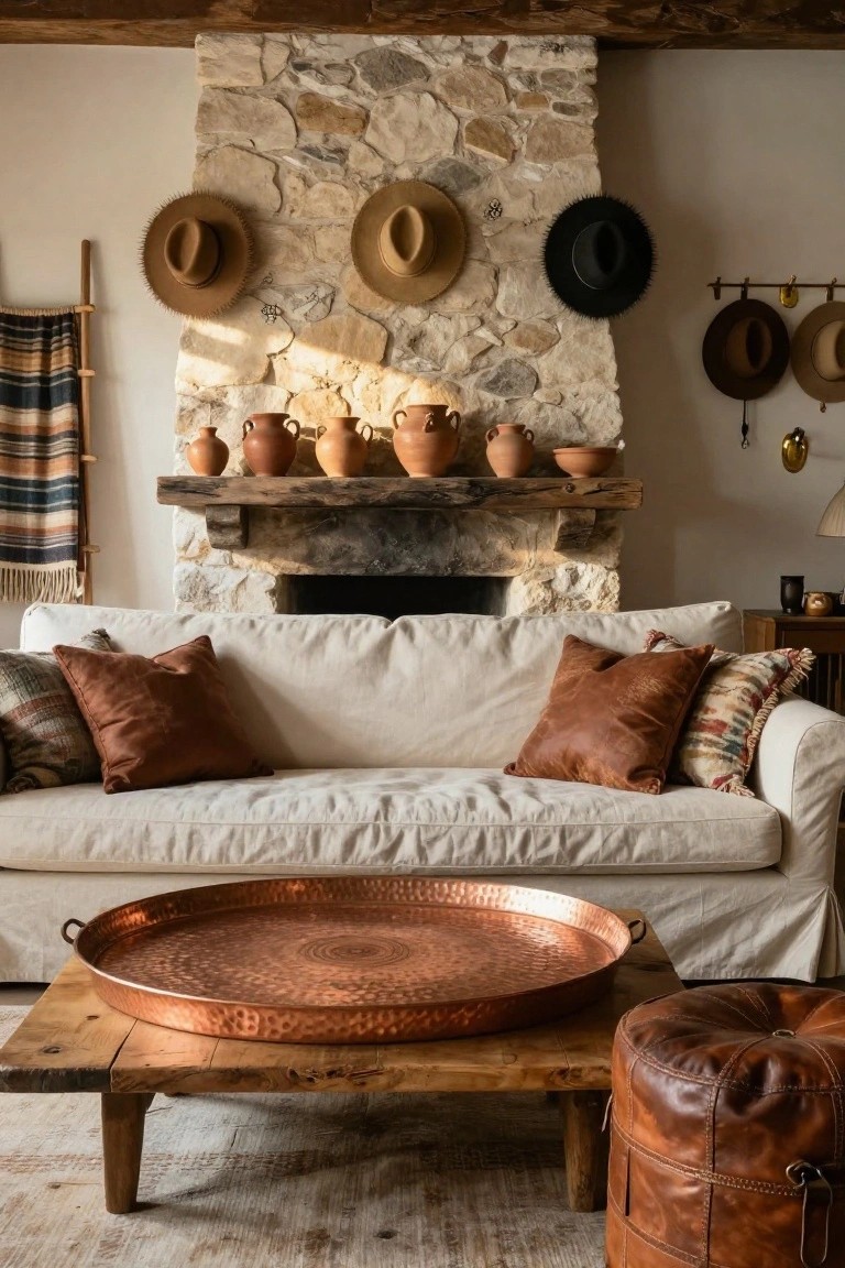 Living room with stone fireplace and wooden mantel holding several terracotta pots and bowls, cowboy hats hanging on the wall nearby, white slipcovered sofa with brown leather pillows, wooden coffee table topped with large hammered copper tray, and tan leather pouf.