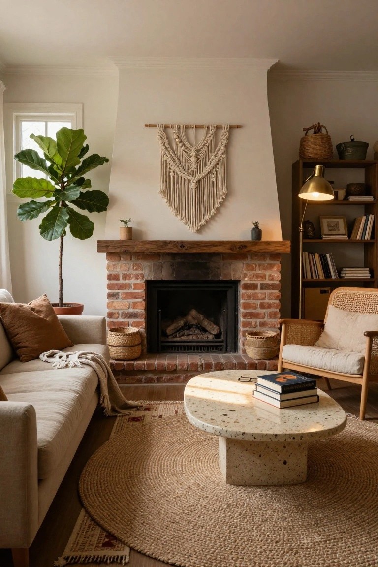 Living room with exposed brick fireplace containing a fire, cream linen sofa with rust pillows and throw, rattan armchair, oval terrazzo coffee table, round jute rug, macrame wall hanging, fiddle leaf fig plant, and bookshelves.