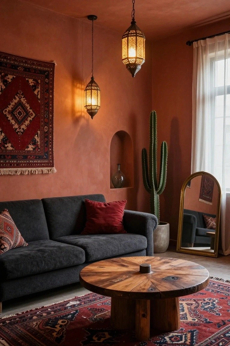 Terracotta-walled living room with gray sofa, red throw pillows, round wooden coffee table, red Persian rug, tall potted cactus, arched gold mirror, hanging metal lanterns, and wall tapestry.