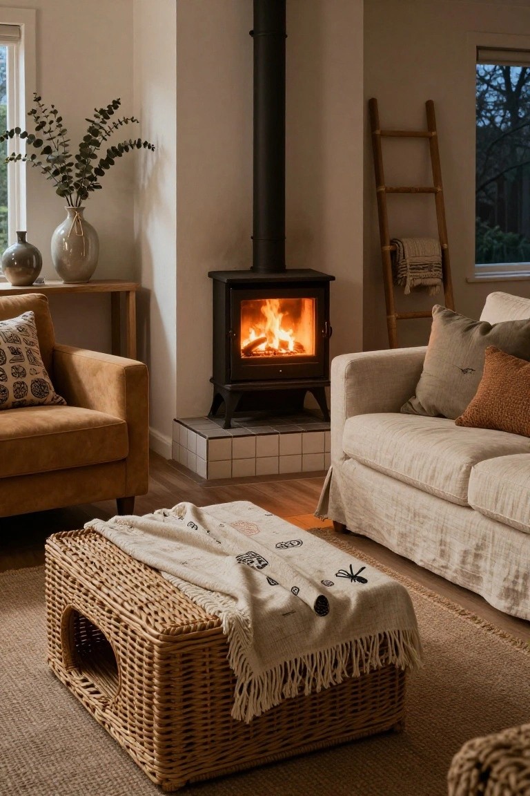 Cozy living room interior with a lit black wood-burning stove as focal point, tan leather armchair, cream linen sofa with patterned cushions, wicker trunk used as coffee table draped with white throw featuring black symbols, wooden ladder holding folded blankets, side table with gray vases of eucalyptus, and window overlooking dark trees.
