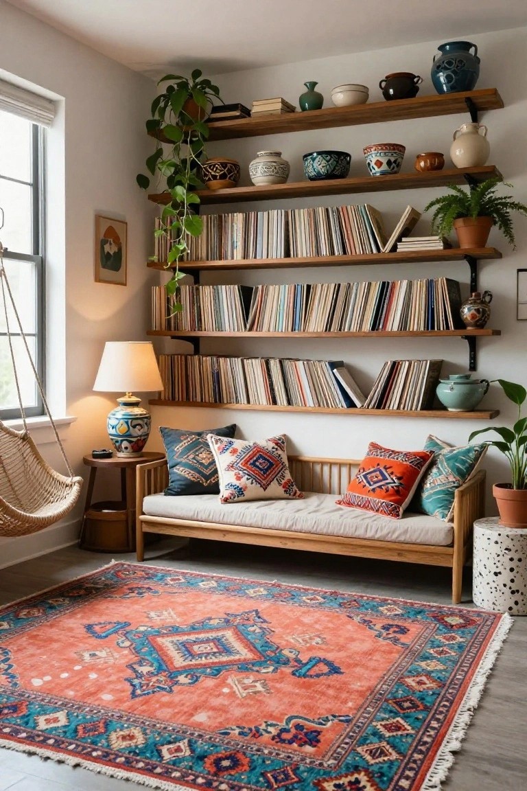 Indoor room corner featuring wooden open shelves loaded with books, vinyl records, colorful pottery, vases, and potted plants, plus a hanging hammock chair, wooden daybed with patterned pillows, side table with lamp, and a large orange and blue patterned rug on the floor.