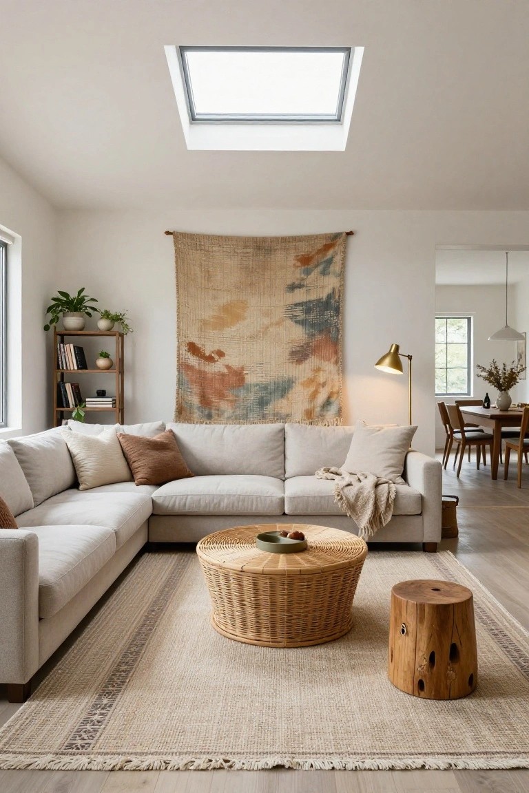 Light beige L-shaped sofa in a living room with a large abstract woven tapestry on the wall, round wicker coffee table holding a bowl of fruit, wooden shelf with plants and books, oak stool, neutral rug, and skylight overhead.