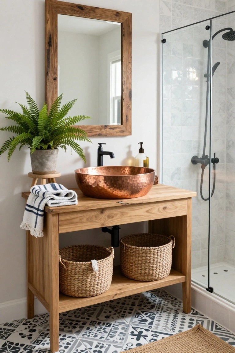 Bathroom vanity made of light wood with hammered copper vessel sink, black faucet, two woven baskets on lower shelf, folded blue and white towel on top, potted fern plant on wooden stool, next to glass shower enclosure on white subway tile wall and blue patterned floor tiles.