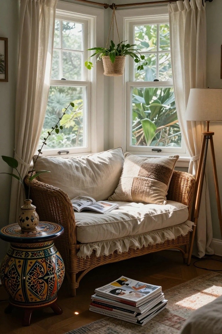 Bay window corner with a beige wicker loveseat piled with pillows and open magazines, flanked by potted plants, a hanging basket, colorful ceramic table, floor stacks of magazines, and a tripod lamp on a wood floor.