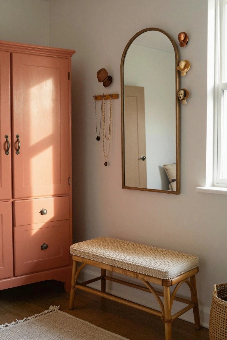 Corner of a room with blush pink painted wooden armoire, tall arched brass mirror with four ceramic hat knobs attached to its frame, rattan bench with beige cushion, wooden jewelry hooks with necklaces, fringed rug, and woven basket on light wood floor.