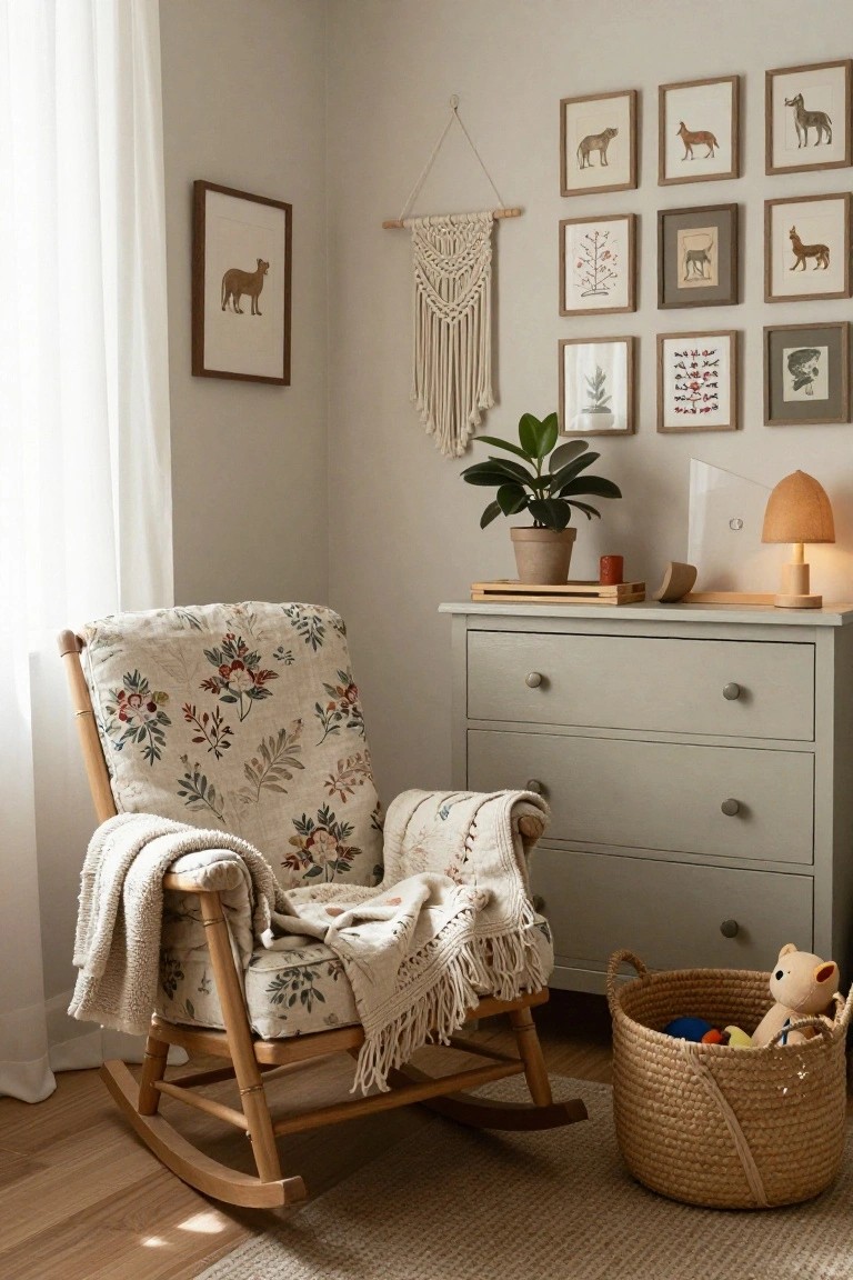 Beige room corner with wooden rocking chair in floral fabric draped with light blankets, gray three-drawer dresser, potted plant, macrame wall hanging, assorted framed animal prints, small lamp, candle, and wicker basket holding toys on wooden floor with seagrass rug.