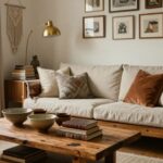 Cozy living room featuring a wooden coffee table with assorted ceramic bowls and stacked books, a beige sofa with patterned cushions and pillows, wooden bookshelves, potted plants, macrame wall hanging, gold arc floor lamp, and framed artwork on white walls.