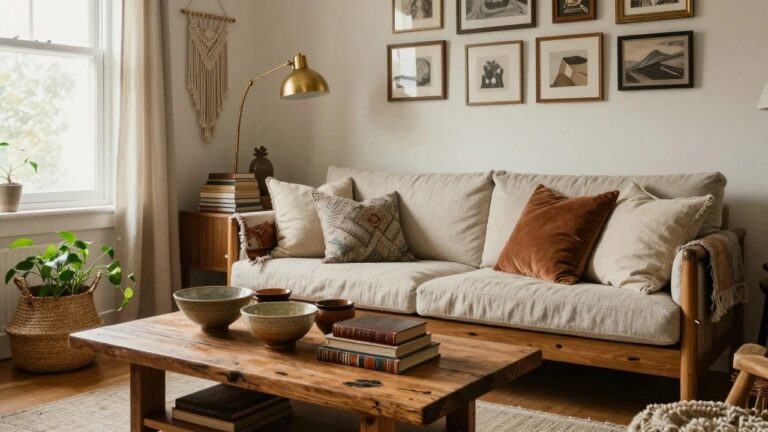 23 Creative Thrifted Boho Decor Ideas For A Collected Eclectic Look Cozy living room featuring a wooden coffee table with assorted ceramic bowls and stacked books, a beige sofa with patterned cushions and pillows, wooden bookshelves, potted plants, macrame wall hanging, gold arc floor lamp, and framed artwork on white walls.