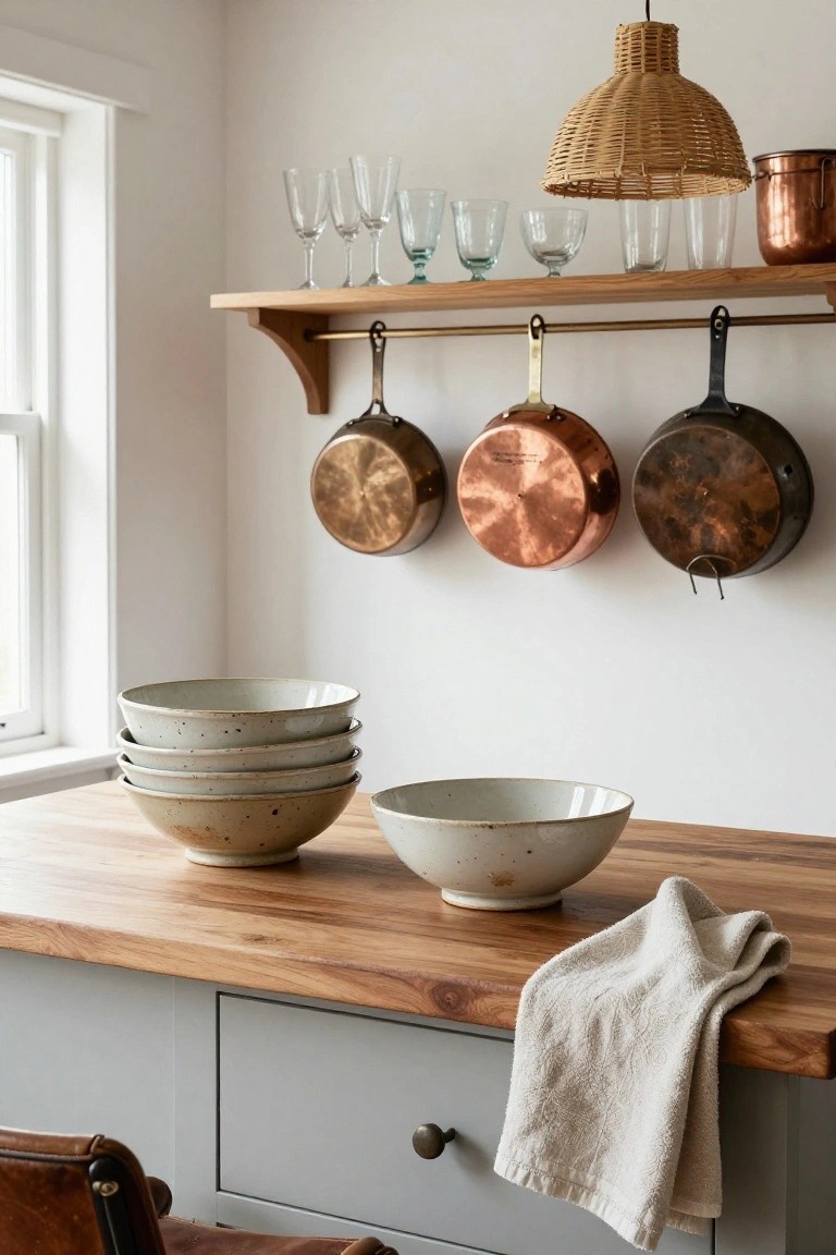 Kitchen interior with wooden shelves holding assorted glassware, three copper pots hanging from a brass rail on the wall, stacked speckled ceramic bowls on a wooden counter, and a woven pendant light overhead.