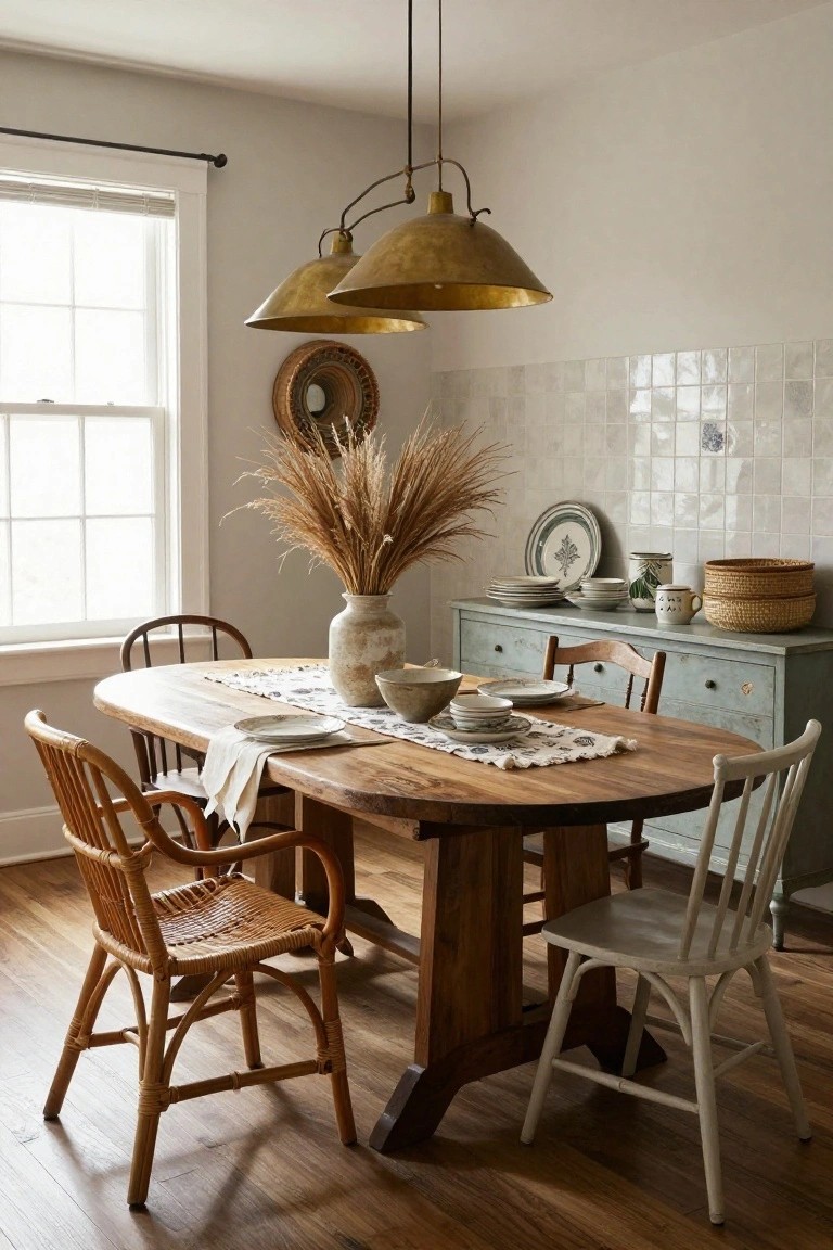 Oval wooden dining table with mismatched chairs including rattan armchairs and painted ladder-back chairs, brass double pendant light overhead, tall pampas grass in a terracotta vase, and green painted dresser holding dishes against white subway tile wall.