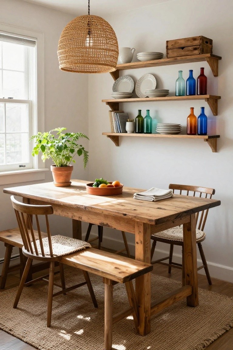 A sunlit dining area featuring a rustic wooden table with mixed chairs and bench seating, open wooden shelves displaying colorful glass bottles, white plates, and dishware, a potted green plant, and a woven pendant light.