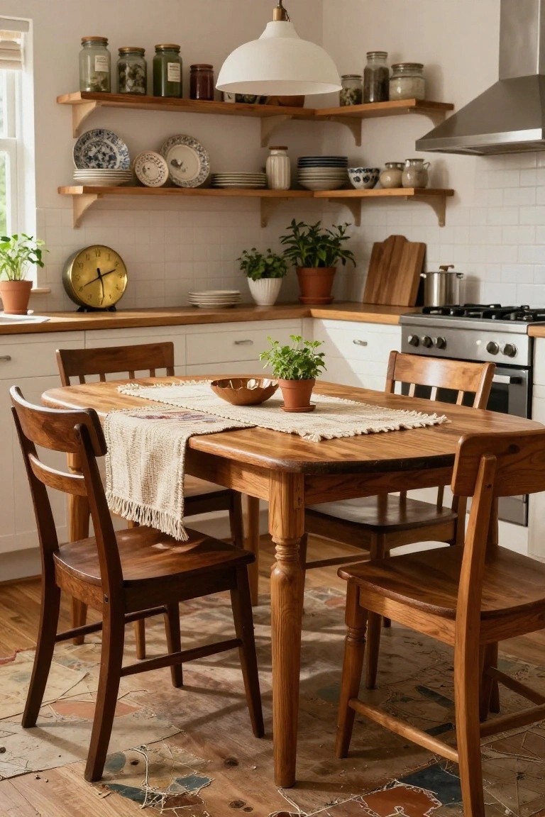 A cozy kitchen interior with open wooden shelves displaying assorted jars, ceramic plates, bowls, and potted plants, a wooden dining table covered with a woven runner and holding a potted plant in a bowl, wooden chairs, white cabinets, and a stainless steel stove.